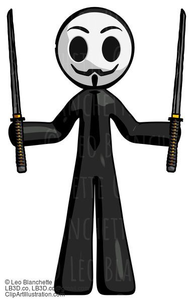 Black Little Anarchist Hacker Man Posing With Two Ninja Sword Katanas Up #8349