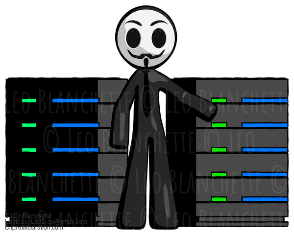 Black Little Anarchist Hacker Man With Server Racks, In Front Of Two Networked Systems #8351