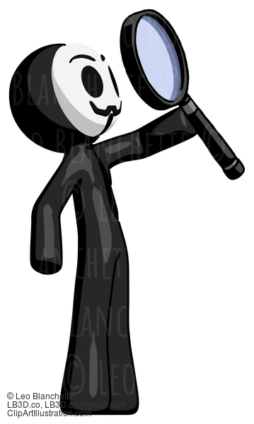 Black Little Anarchist Hacker Man Inspecting With Large Magnifying Glass Facing Up #8368