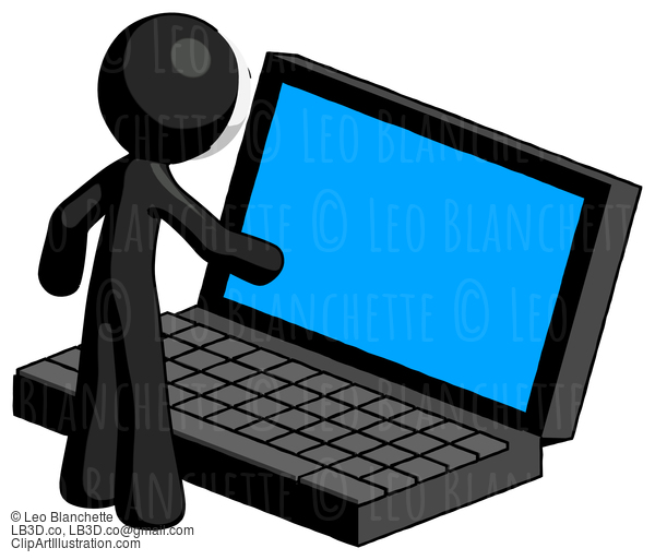 Black Little Anarchist Hacker Man Using Large Laptop Computer #8375