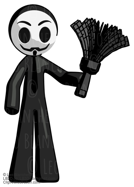 Black Little Anarchist Hacker Man Holding Feather Duster Facing Forward #8377