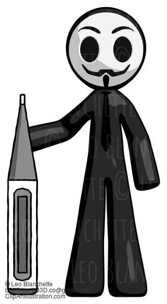 Black Little Anarchist Hacker Man Standing With Large Thermometer #8406