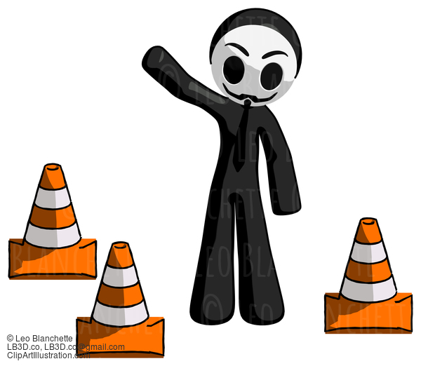 Black Little Anarchist Hacker Man Standing By Traffic Cones Waving #8416