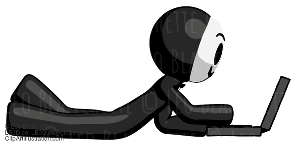 Black Little Anarchist Hacker Man Using Laptop Computer While Lying On Floor Side View #8417