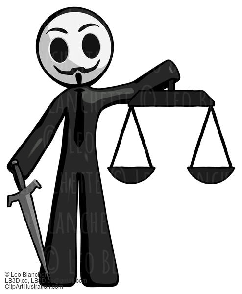 Black Little Anarchist Hacker Man Justice Concept With Scales And Sword, Justicia Derived #8420