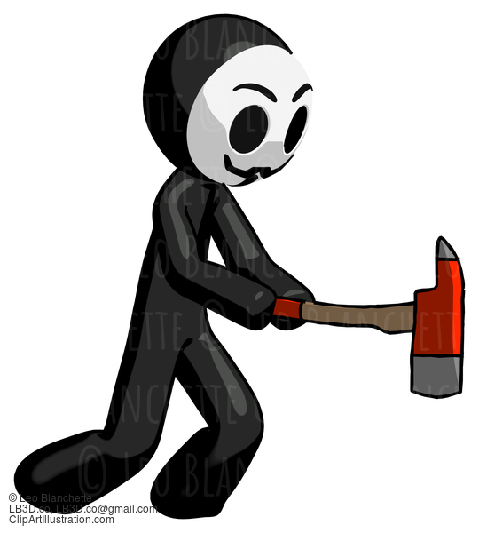 Black Little Anarchist Hacker Man With Ax Hitting, Striking, Or Chopping #8432