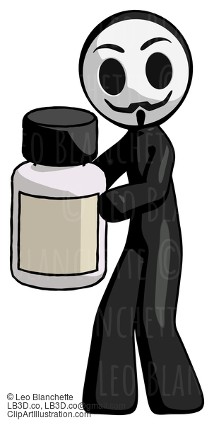 Black Little Anarchist Hacker Man Holding White Medicine Bottle #8434