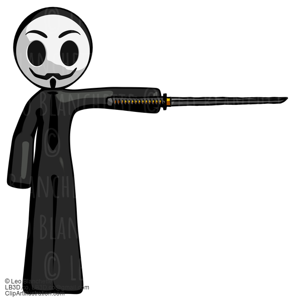 Black Little Anarchist Hacker Man Standing With Ninja Sword Katana Pointing Right #8435