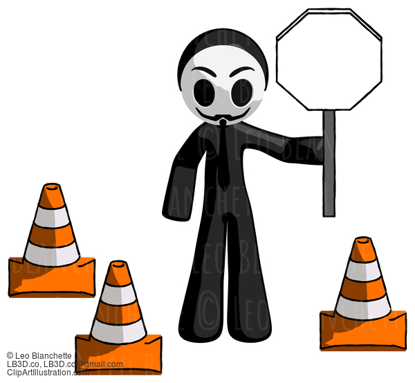 Black Little Anarchist Hacker Man Holding Stop Sign By Traffic Cones Under Construction Concept #8436