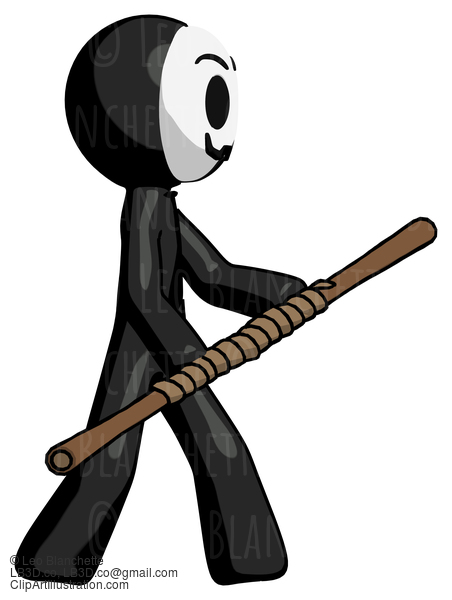 Black Little Anarchist Hacker Man Holding Bo Staff In Sideways Defense Pose #8438