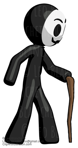 Black Little Anarchist Hacker Man Walking With Hiking Stick #8455