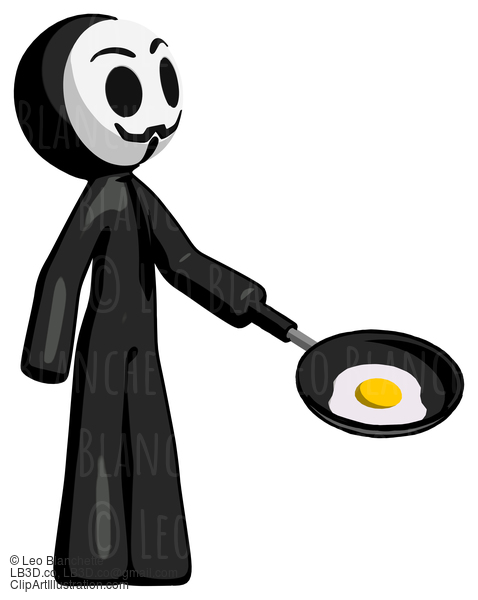 Black Little Anarchist Hacker Man Frying Egg In Pan Or Wok Facing Right #8459