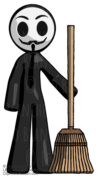 Black Little Anarchist Hacker Man Standing With Broom Cleaning Services #8480