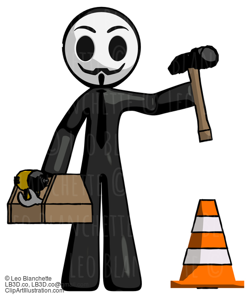 Black Little Anarchist Hacker Man Under Construction Concept, Traffic Cone And Tools #8483