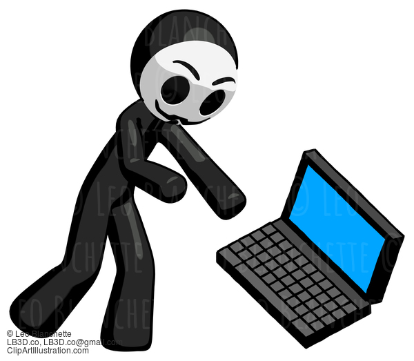 Black Little Anarchist Hacker Man Throwing Laptop Computer In Frustration #8493