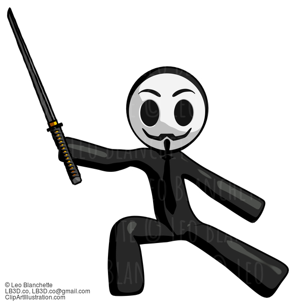 Black Little Anarchist Hacker Man With Ninja Sword Katana In Defense Pose #8495