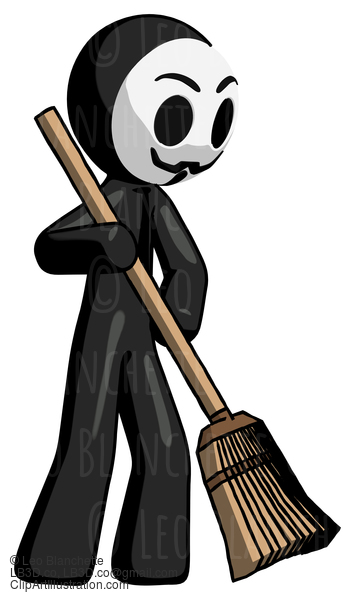 Black Little Anarchist Hacker Man Sweeping Area With Broom #8512