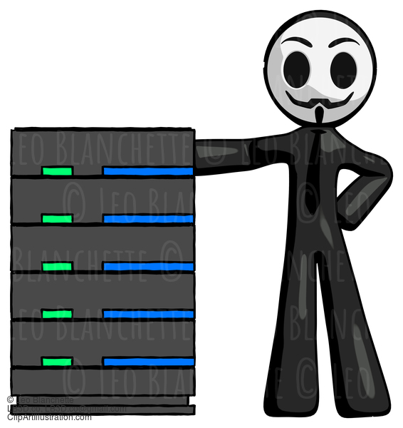 Black Little Anarchist Hacker Man With Server Rack Leaning Confidently Against It #8523