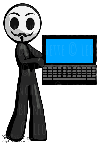 Black Little Anarchist Hacker Man Holding Laptop Computer Presenting Something On Screen #8535