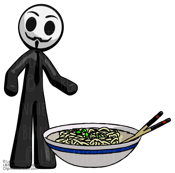 Black Little Anarchist Hacker Man And Noodle Bowl, Giant Soup Restaraunt Concept #8538