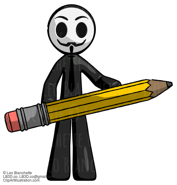 Black Little Anarchist Hacker Man Writer Or Blogger Holding Large Pencil #8543