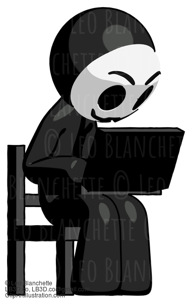 Black Little Anarchist Hacker Man Using Laptop Computer While Sitting In Chair Angled Right #8558