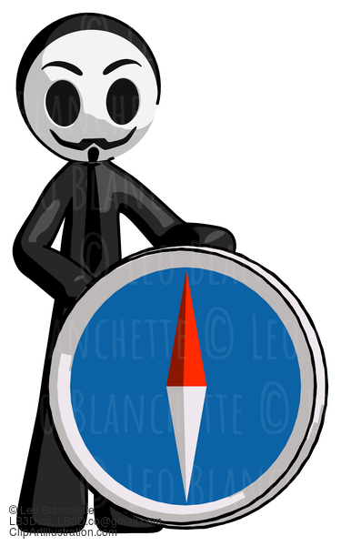 Black Little Anarchist Hacker Man Standing Beside Large Compass #8560