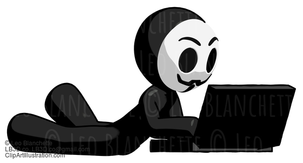 Black Little Anarchist Hacker Man Using Laptop Computer While Lying On Floor Side Angled View #8568