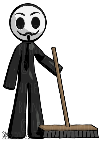 Black Little Anarchist Hacker Man Standing With Industrial Broom #8573