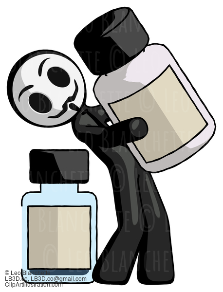 Black Little Anarchist Hacker Man Holding Large White Medicine Bottle With Bottle In Background #8578