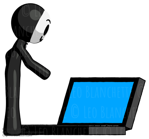 Black Little Anarchist Hacker Man Using Large Laptop Computer Side Orthographic View #8580