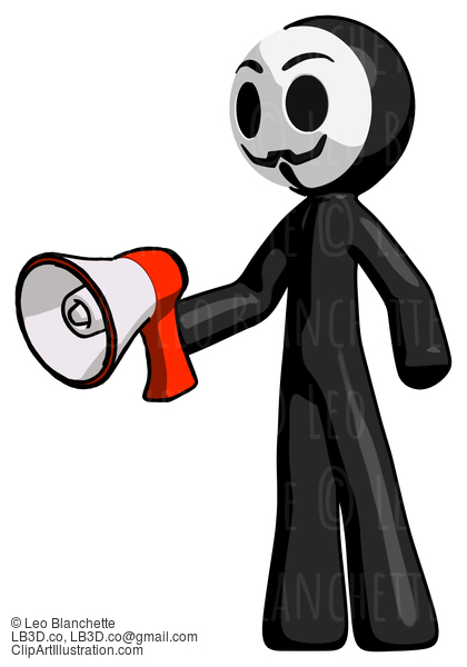 Black Little Anarchist Hacker Man Holding Megaphone Bullhorn Facing Right #8594