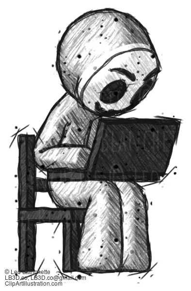 Sketch Little Anarchist Hacker Man Using Laptop Computer While Sitting In Chair Angled Right #14710