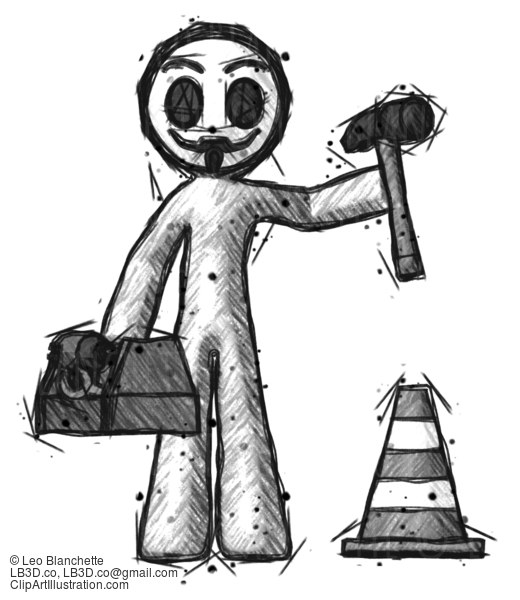 Sketch Little Anarchist Hacker Man Under Construction Concept, Traffic Cone And Tools #14720