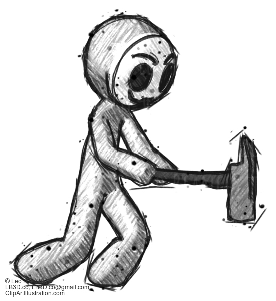 Sketch Little Anarchist Hacker Man With Ax Hitting, Striking, Or Chopping #14725