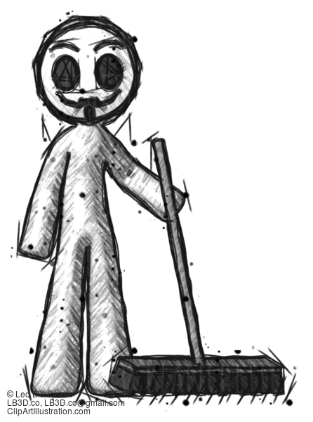 Sketch Little Anarchist Hacker Man Standing With Industrial Broom #14737