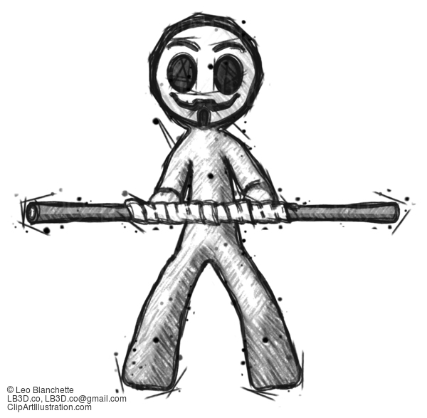 Sketch Little Anarchist Hacker Man Bo Staff Kung Fu Defense Pose #14738