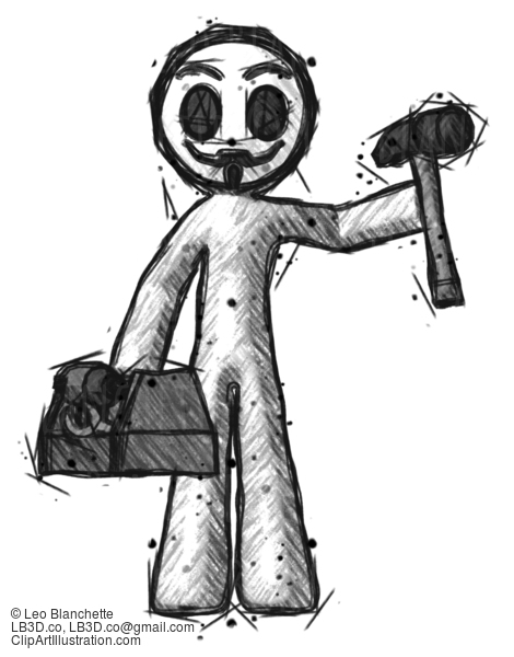 Sketch Little Anarchist Hacker Man Holding Tools And Toolchest Ready To Work #14740