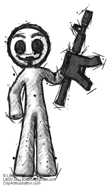 Sketch Little Anarchist Hacker Man Holding Automatic Gun #14742