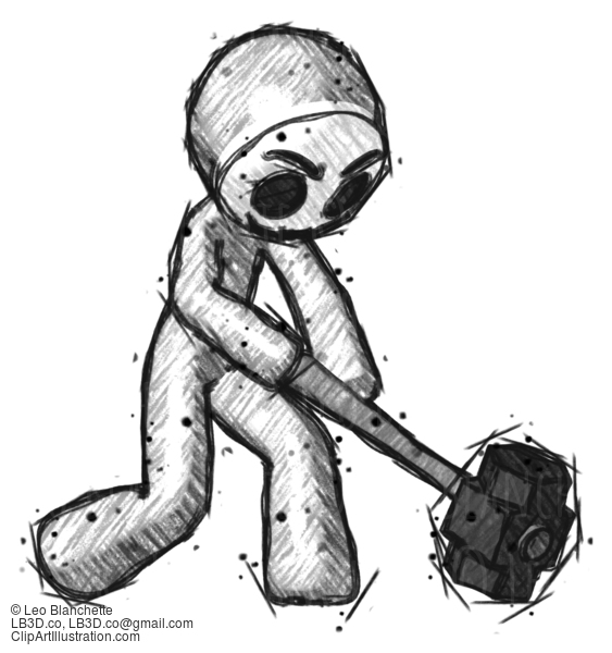 Sketch Little Anarchist Hacker Man Hitting With Sledgehammer, Or Smashing Something At Angle #14758