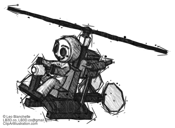 Sketch Little Anarchist Hacker Man Flying In Gyrocopter Front Side Angle Top View #14763