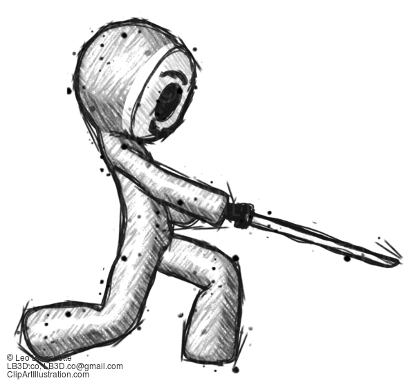 Sketch Little Anarchist Hacker Man With Ninja Sword Katana Slicing Or Striking Something #14765