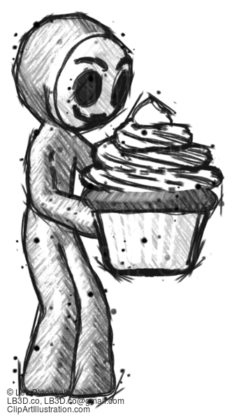 Sketch Little Anarchist Hacker Man Holding Large Cupcake Ready To Eat Or Serve #14769