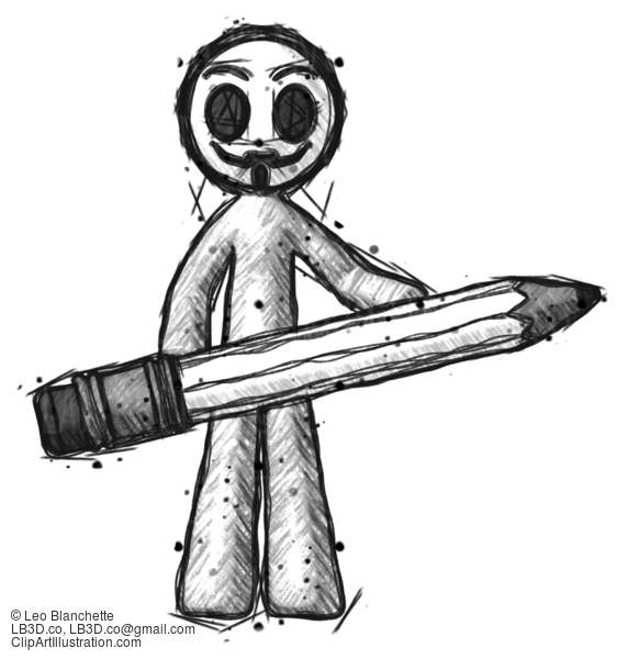 Sketch Little Anarchist Hacker Man Writer Or Blogger Holding Large Pencil #14779