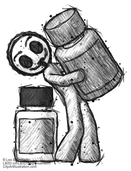 Sketch Little Anarchist Hacker Man Holding Large White Medicine Bottle With Bottle In Background #14783