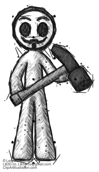 Sketch Little Anarchist Hacker Man Holding Hammer Ready To Work #14792