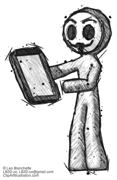 Sketch Little Anarchist Hacker Man Reviewing Stuff On Clipboard #14794