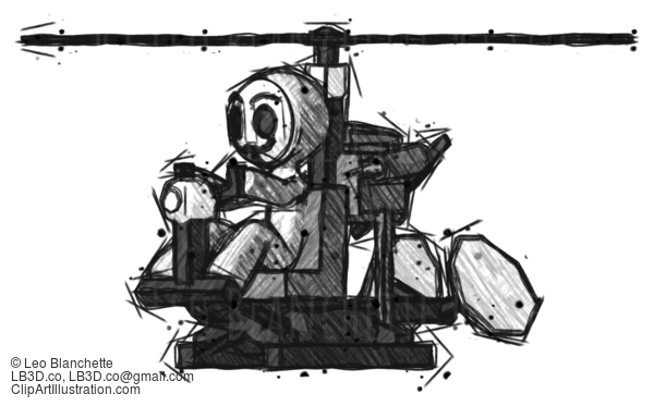 Sketch Little Anarchist Hacker Man Flying In Gyrocopter Front Side Angle View #14810