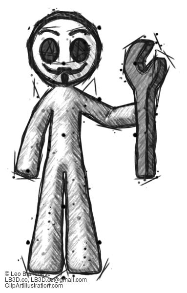 Sketch Little Anarchist Hacker Man Holding Wrench Ready To Repair Or Work #14811