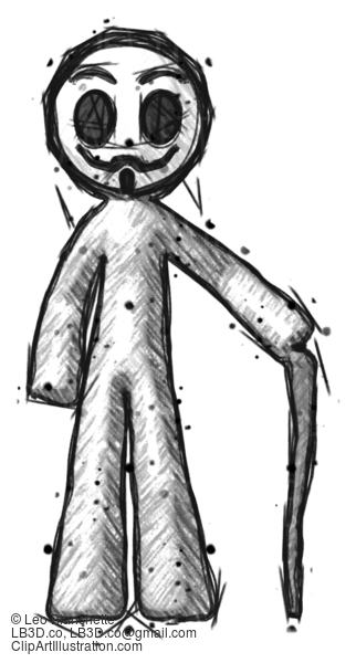 Sketch Little Anarchist Hacker Man Standing With Hiking Stick #14821